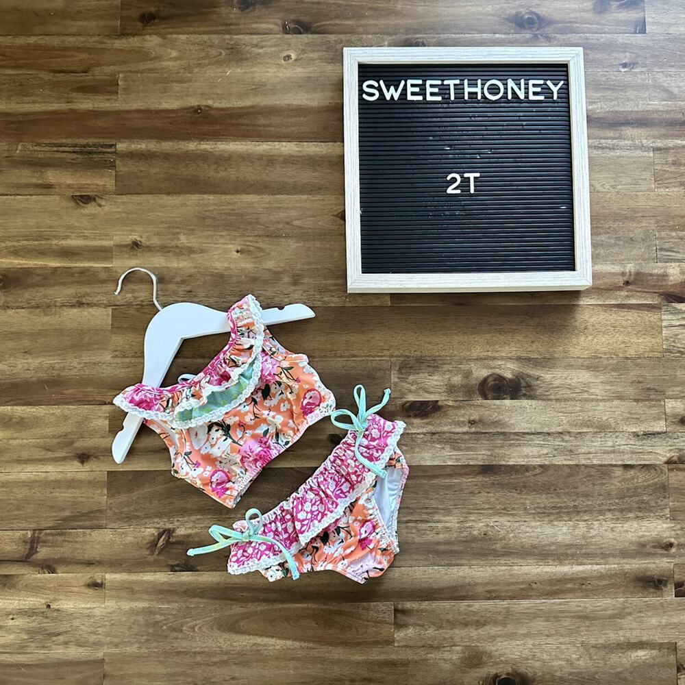 SweetHoney Mallory Crop Two Piece Swimsuit - Orange Crush Pink Green Floral 2T